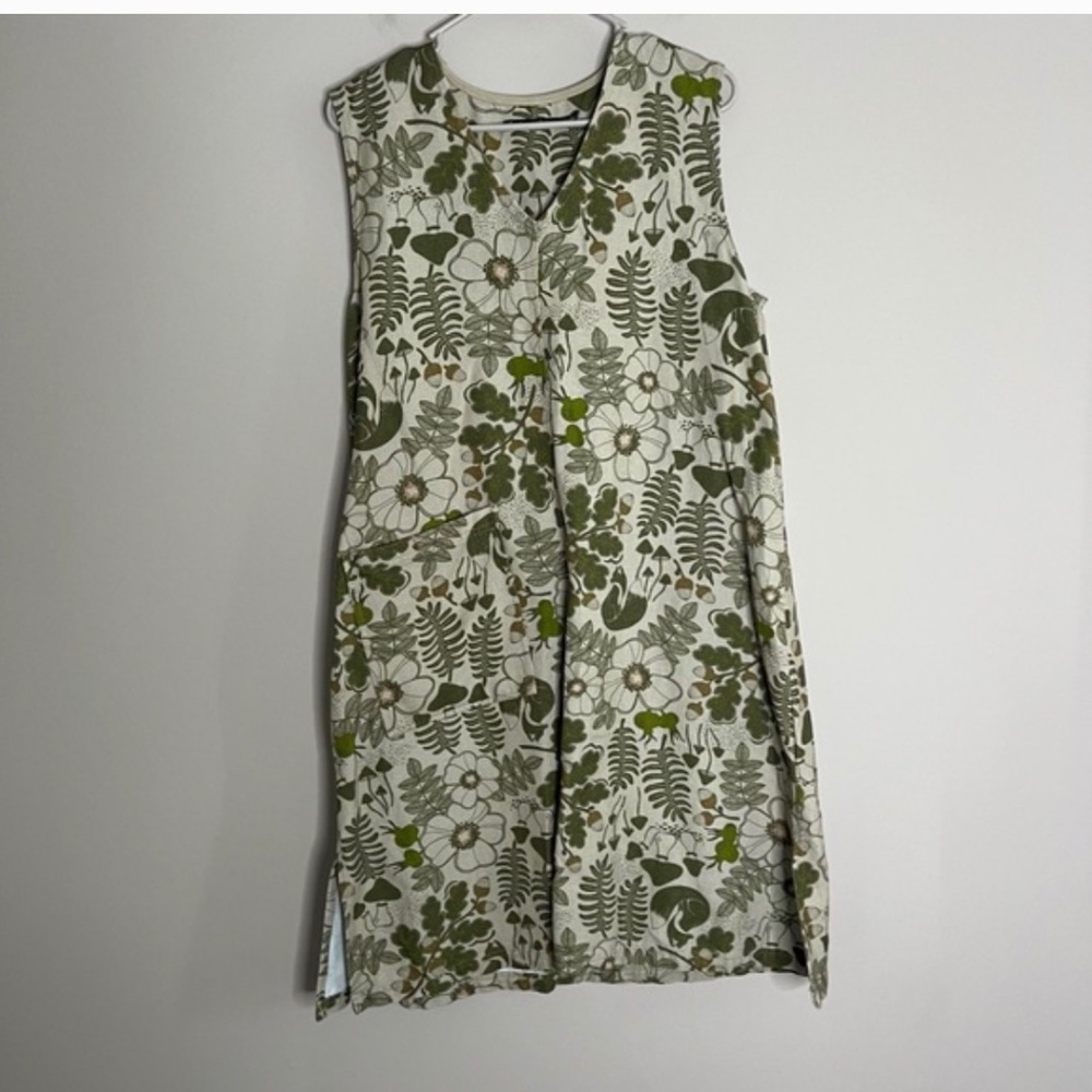 Gudrun Sjoden Linen Blend Green Mushroom Print Sleeveless VNeck Dress Women's M - Picture 2 of 10